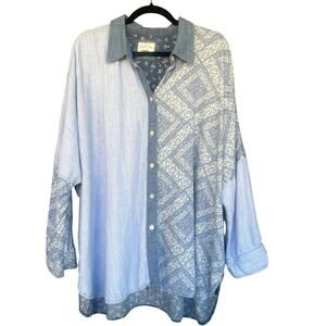 American Eagle Shirt Womens Large Blue Patchwork Button Down Linen Blend Boho